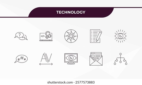 fully editable outline icon collection from technology concept. thin line icons set such as asking, back end, microblogging, email marketing, user flow,