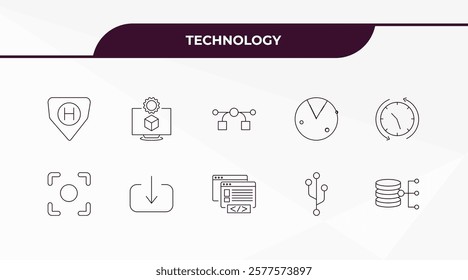 fully editable outline icon collection from technology concept. thin line icons set such as hybrid app, virtual hine, center focus, version control, data architecture,