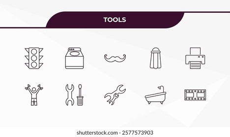 fully editable outline icon collection from tools concept. thin line icons set such as semaphore lights, top load washer, exercise with dumbbells, bath tub, film strip photograms,