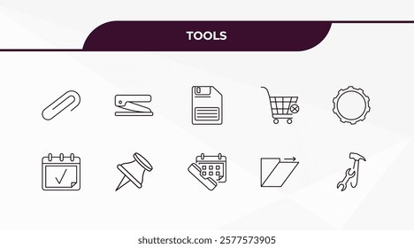 fully editable outline icon collection from tools concept. thin line icons set such as attachments, hole puncher, calendar page, shear, tools and utensils,