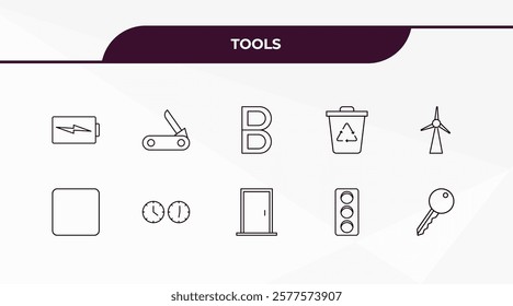 fully editable outline icon collection from tools concept. thin line icons set such as battery charging, penknife, basic square, semaphore light, tiny key,