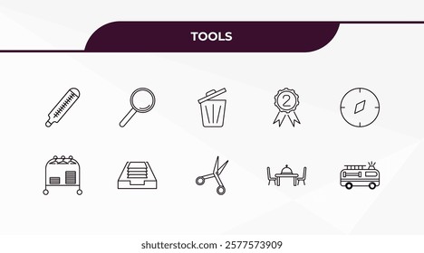 fully editable outline icon collection from tools concept. thin line icons set such as body thermometer, magnifier, clothes rack, dining, firetruck,