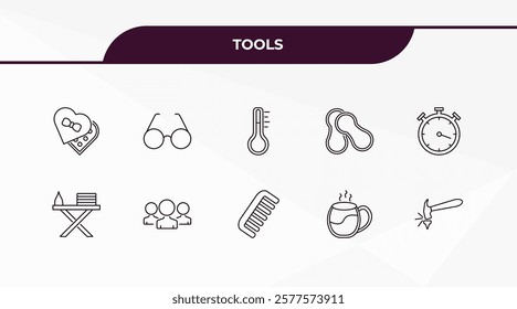 fully editable outline icon collection from tools concept. thin line icons set such as chote box, reading glasses, iron table, cup of hot coffee, carpentry,