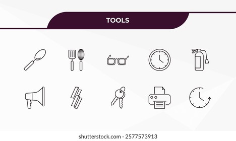 fully editable outline icon collection from tools concept. thin line icons set such as large spoon, kitchen tools, megaphone side view, blank paper and printer, time left,