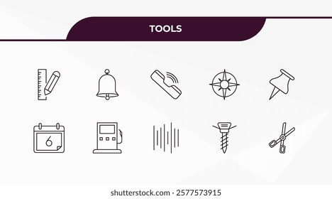 fully editable outline icon collection from tools concept. thin line icons set such as edit tools, hanging bell, calendar with six days, auger, forceps,