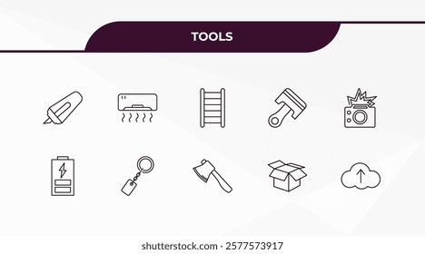 fully editable outline icon collection from tools concept. thin line icons set such as highlight, air conditioning, charged battery, open black box, up arrow and cloud,