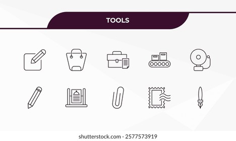 fully editable outline icon collection from tools concept. thin line icons set such as edit picture, bag with big handle, pencil tool, postage, ink pen,