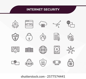 fully editable outline icon collection from internet security concept. thin line icons set such as cyber security, https, firewall, data streaming, insecure,