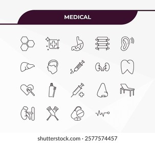 fully editable outline icon collection from medical concept. thin line icons set such as three hexagons cell, cure, molar, drugs, pulse line,