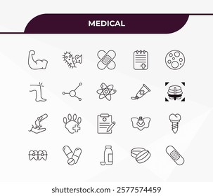 fully editable outline icon collection from medical concept. thin line icons set such as strong, bacteria, acid falling on hand, tablets, sticking plaster,