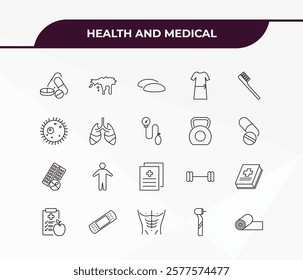 fully editable outline icon collection from health and medical concept. thin line icons set such as medical substance, blood, contraceptive pills, dental drill, yoga mat,