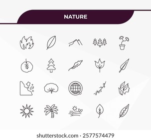 fully editable outline icon collection from nature concept. thin line icons set such as burning flames, magnolia leaf, falling debris, ovate, lanceolate,