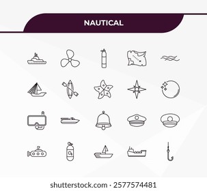 fully editable outline icon collection from nautical concept. thin line icons set such as frigate, ship engine, suroard, speed boat, fishing hook,