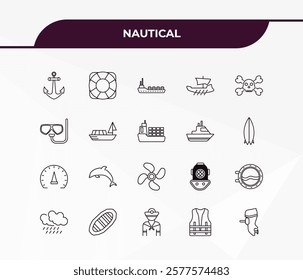 fully editable outline icon collection from nautical concept. thin line icons set such as classic ship, life preserver, barometer, life jacket, boat engine,
