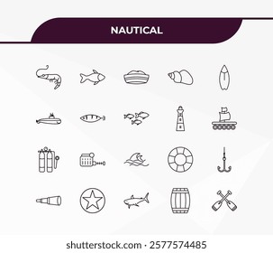 fully editable outline icon collection from nautical concept. thin line icons set such as ferry facing right, double bait, aqualung, big barrel, oxygen tank,