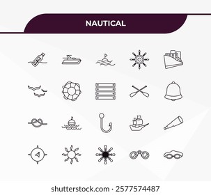 fully editable outline icon collection from nautical concept. thin line icons set such as lighthouse, fishes, knot, swin goggle, one suroard,