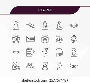 fully editable outline icon collection from people concept. thin line icons set such as male user, downstairs, beard, spindle, sexual harassment,