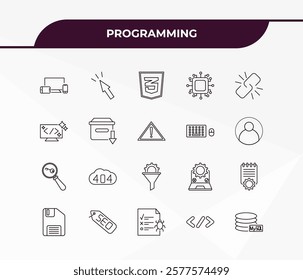 fully editable outline icon collection from programming concept. thin line icons set such as cross-platform, click, seo keywords, coding, mysql,