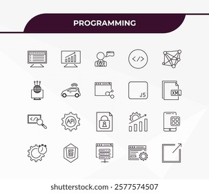 fully editable outline icon collection from programming concept. thin line icons set such as program interface, seo monitoring, code review, web optimization, hyperlink,