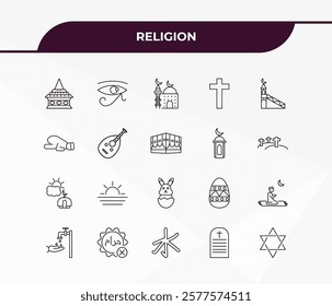 fully editable outline icon collection from religion concept. thin line icons set such as doi suthep, eye of ra, assr, commandments, hebrew,