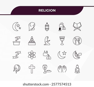 fully editable outline icon collection from religion concept. thin line icons set such as star and crescent moon, hijab veil, sadaqah, muslim praying hands, buddha,