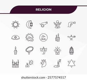 fully editable outline icon collection from religion concept. thin line icons set such as bahai, ramadan month, candle, wudu, blasphemy,