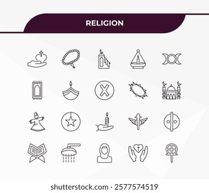 fully editable outline icon collection from religion concept. thin line icons set such as gospel, prayer beads, sufi mystic, faith, gticism,