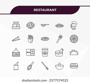 fully editable outline icon collection from restaurant concept. thin line icons set such as electric weight scale, paella with parwns, closed, hot soup, long sandwich,