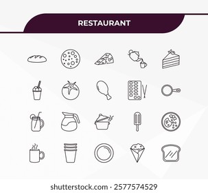 fully editable outline icon collection from restaurant concept. thin line icons set such as load of bread, pita bread, drink jar, crepe and cream, toasted bread,