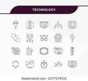 fully editable outline icon collection from technology concept. thin line icons set such as content curation, virtual hine, front end, microblogging, retina display,