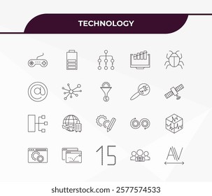 fully editable outline icon collection from technology concept. thin line icons set such as video game controller, battery status, wired connection, leading, kerning,