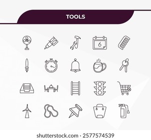 fully editable outline icon collection from tools concept. thin line icons set such as table fan, tattoo, tray for papers, bag with big handle, flame extinguisher,