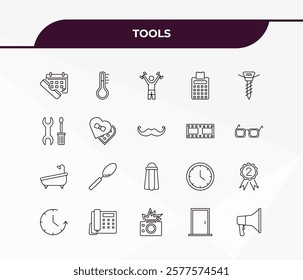 fully editable outline icon collection from tools concept. thin line icons set such as telephone agenda, thermometers, bath tub, doors, megaphone side view,