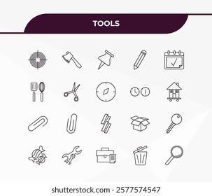 fully editable outline icon collection from tools concept. thin line icons set such as target circles, hand axe, attachments, trash can open, magnifier,