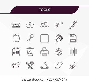 fully editable outline icon collection from tools concept. thin line icons set such as hole puncher, up arrow and cloud, clothes rack, shear, highlight,