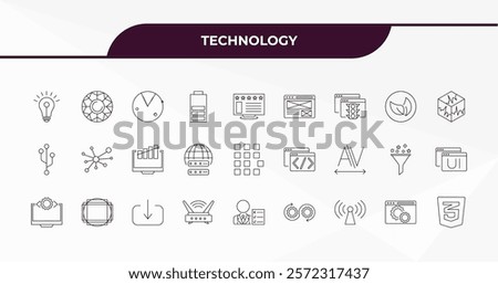 fully editable outline icon collection from technology concept. thin line icons set such as light bulb idea, color value, organic, website optimization, css3,