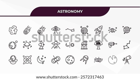 fully editable outline icon collection from astronomy concept. thin line icons set such as asteroid, meteorites, black hole, radar system, big telescope,