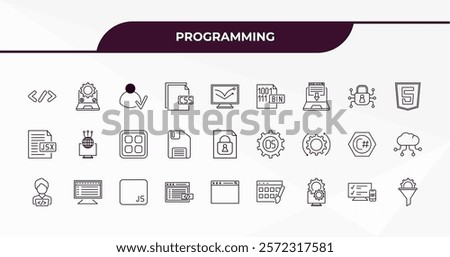 fully editable outline icon collection from programming concept. thin line icons set such as coding, testing, encryption, adaptive layout, seo funnel,