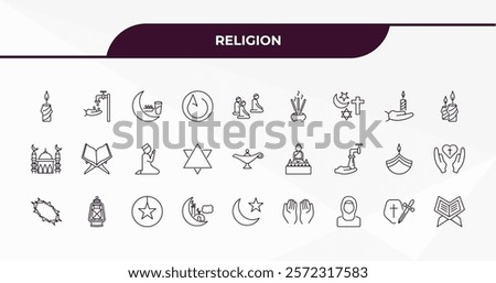 fully editable outline icon collection from religion concept. thin line icons set such as candle, islamic wudu, vigil, crusade, quran rehal,