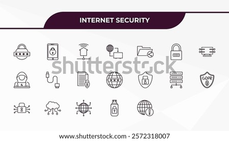 fully editable outline icon collection from internet security concept. thin line icons set such as password, mobile phone security, domain, pendrive security, connection error,