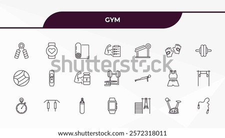 fully editable outline icon collection from gym concept. thin line icons set such as grip, pulsometer, push up, exercise bike, skip rope,