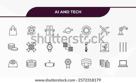 fully editable outline icon collection from ai and tech concept. thin line icons set such as shopping bag, science, bionic arm, memory transfer, laptop,