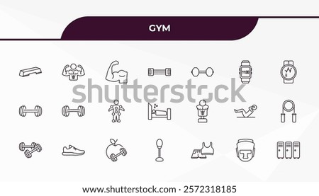 fully editable outline icon collection from gym concept. thin line icons set such as fitness step, bodybuilder, boxing mannequin, headgear, locker,