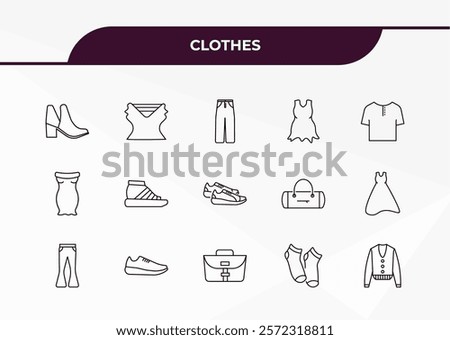 fully editable outline icon collection from clothes concept. thin line icons set such as ankle boots, draped top, off the shoulder dress, men socks, cotton cardigan,