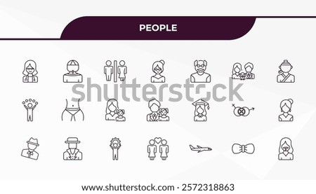 fully editable outline icon collection from people concept. thin line icons set such as female doctor, amazonian, graduated student, elegant, bearded woman,