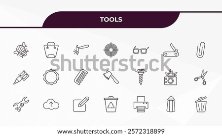 fully editable outline icon collection from tools concept. thin line icons set such as candies, bag with big handle, auger, pepper container, trash can open,