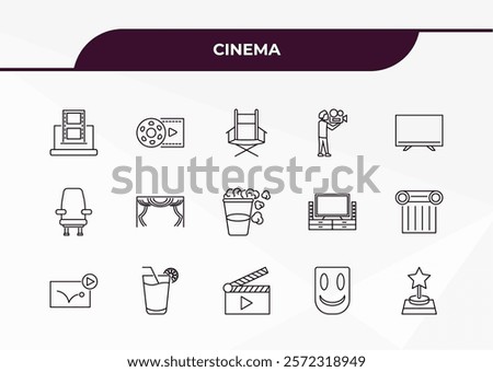 fully editable outline icon collection from cinema concept. thin line icons set such as laptop with film strip, film reel playing, cinema chair, smile mask, star movie award,