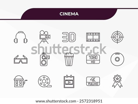 fully editable outline icon collection from cinema concept. thin line icons set such as headphone, movie camera, 3d glass, 4k fullhd, award,