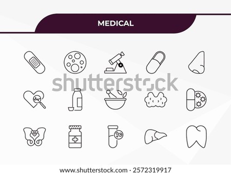 fully editable outline icon collection from medical concept. thin line icons set such as sticking plaster, cells in a circle, medical heart scan, liver, molar,