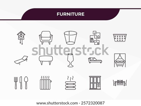 fully editable outline icon collection from furniture concept. thin line icons set such as cuckoo clock, fauteuil, lounger, cupboard, dinner table,